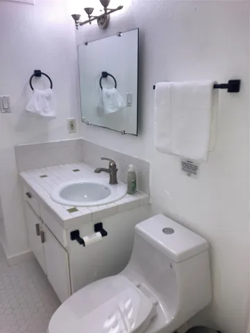 a bathroom with a sink toilet and mirror