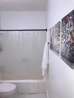 a bathroom with a shower and a toilet