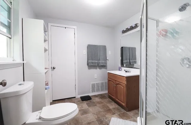 a bathroom with a sink a toilet and shower