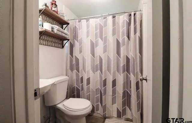 a white toilet sitting next to a shower curtain