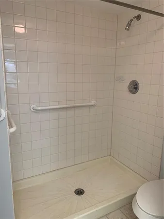 a bathroom with a shower and toilet