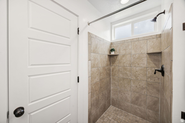 1552 Sumac Drive Logan, UT 84321 - Photo 47 of 72 Shower stall with tiled walls and floor, featuring two built-in niches, a bronze-finish shower head, and a transom window