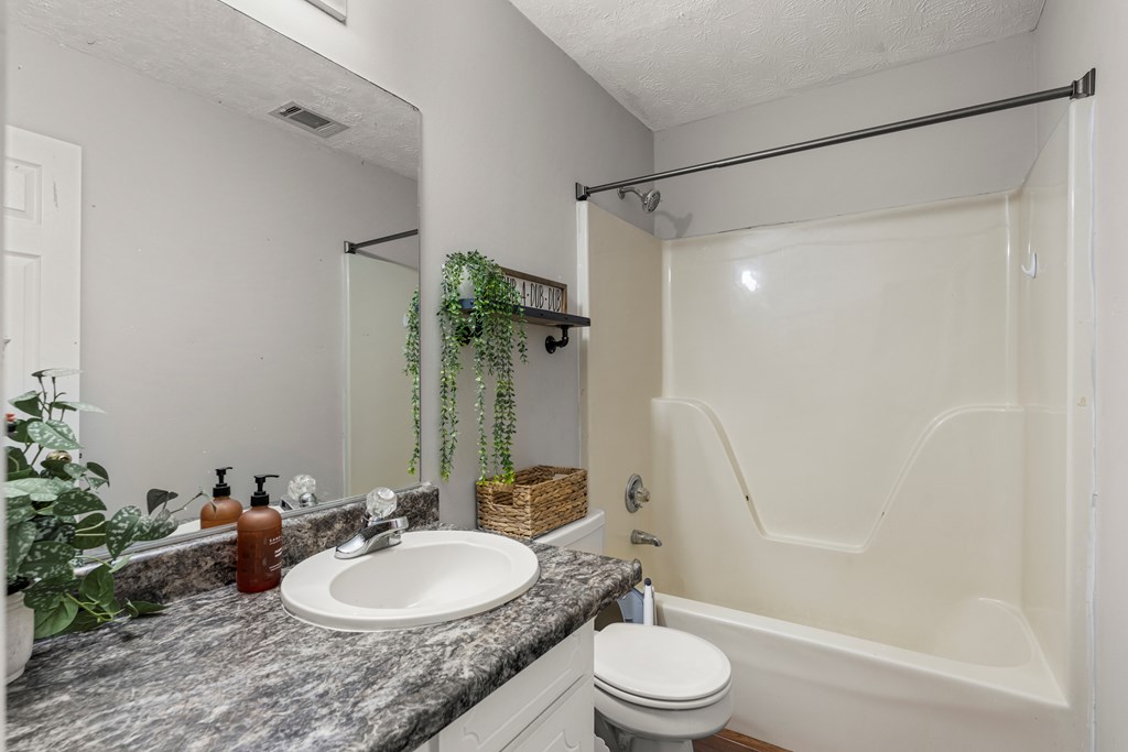 4420 Hudson Mill Road Cataula, GA 31804 - Photo 20 of 25 a bathroom with a granite countertop sink toilet a mirror and shower