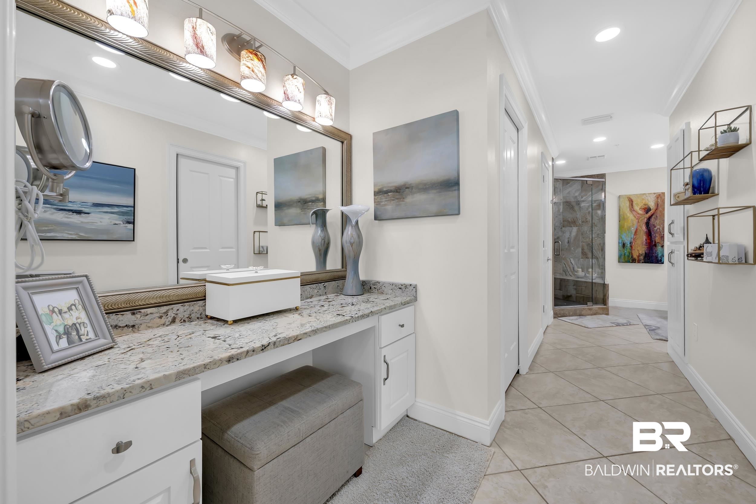 28250 Canal Road, Unit 307 Orange Beach, AL 36561 - Photo 37 of 56 Full bath featuring recessed lighting, a stall shower, vanity, ornamental molding, and light tile patterned floors