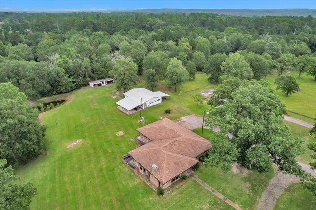 a view of a green yard with large trees