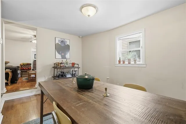 a view of a dining room with furniture