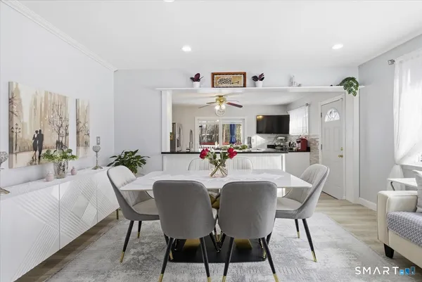 a view of a dining room with furniture