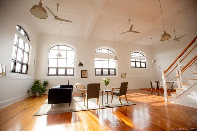 a living room with furniture dining table and a potted plant
