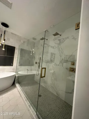a bathroom with a bathtub and a shower
