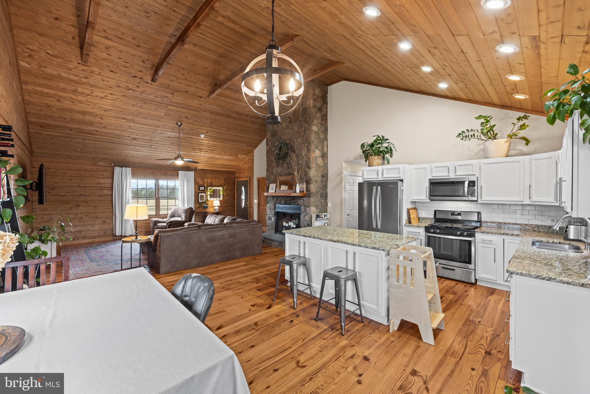 4112 Jacks Shop Road Rochelle, VA 22738 - Photo 9 of 54 a large living room with stainless steel appliances granite countertop couches a fireplace a flat screen tv and island