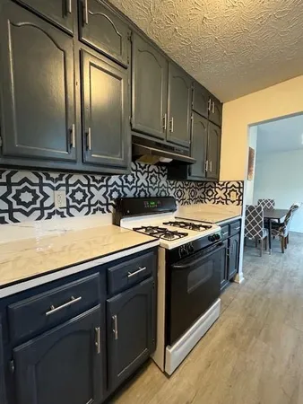 a kitchen with a sink stove and cabinets