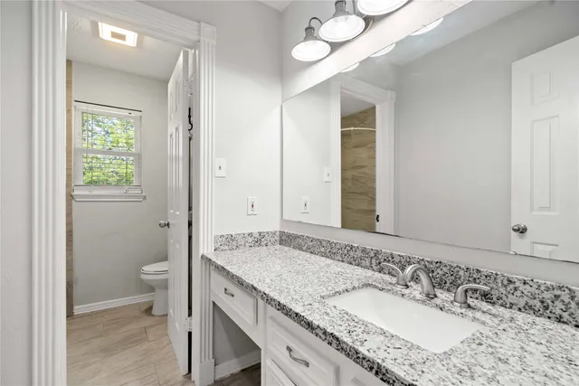 a bathroom with a granite countertop sink a toilet and a mirror