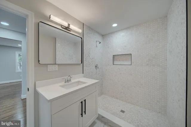 a bathroom with a sink a shower and a mirror