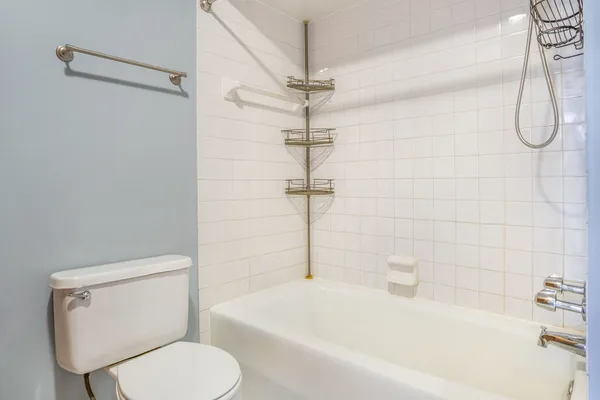 a bathroom with a toilet and a bath tub