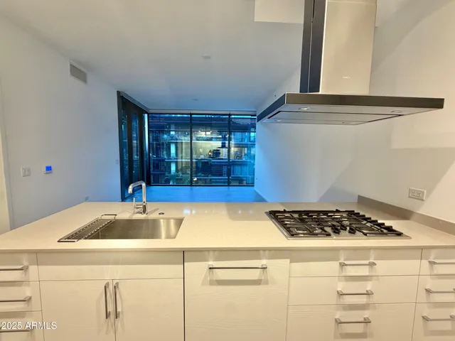 a kitchen with a sink and cabinets