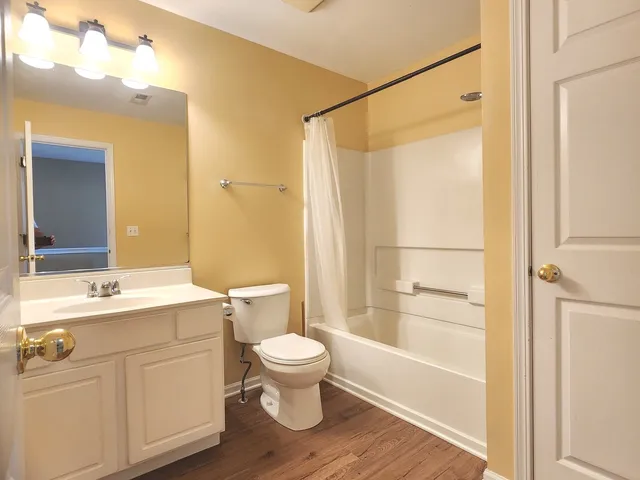 a bathroom with a bathtub shower sink vanity and toilet