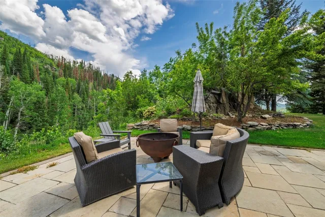 a view of a patio with table and chairs potted plants and large tree