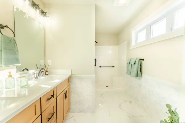 a bathroom with a double vanity sink mirror and shower