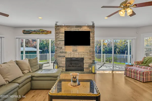 a living room with fireplace furniture and a flat screen tv