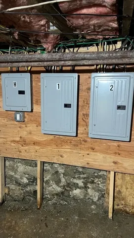 a room with wooden cabinets