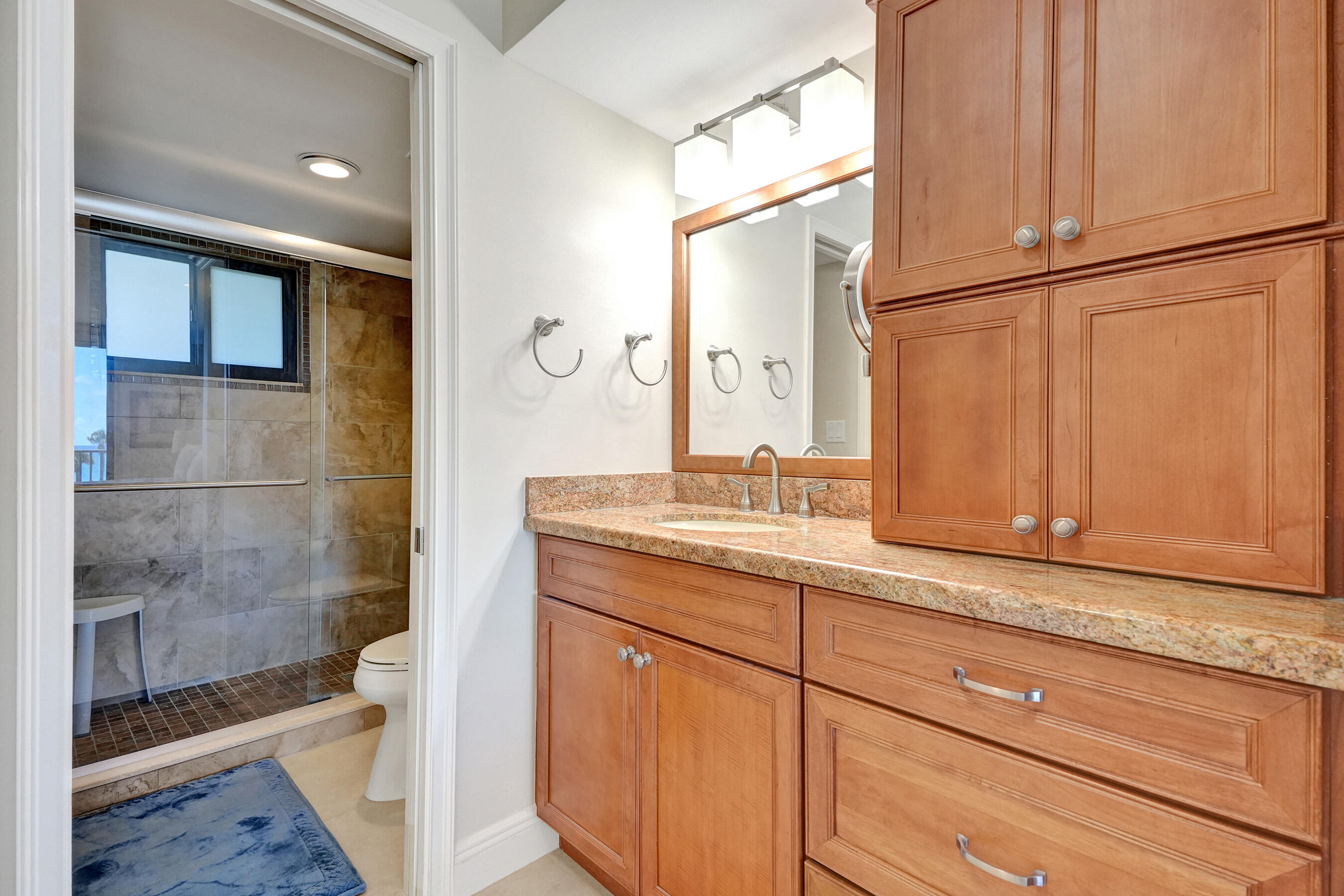 400 Ocean Trail Way, Unit 308 Jupiter, FL 33477 - Photo 30 of 65 a bathroom with a granite countertop sink a toilet and shower
