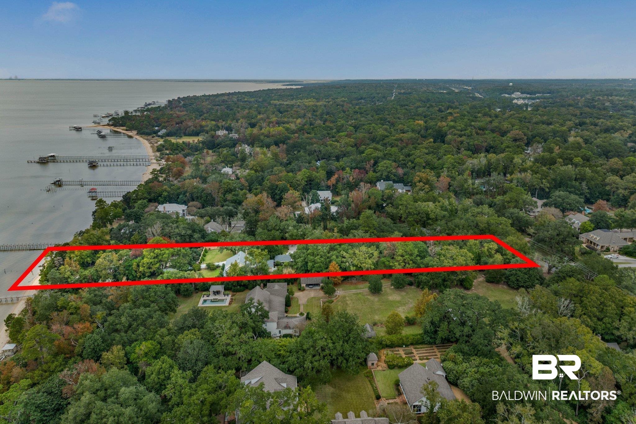 23561 Main Street Fairhope, AL 36532 - Photo 33 of 45 Aerial view of property's location with a large body of water and property parcel outlined