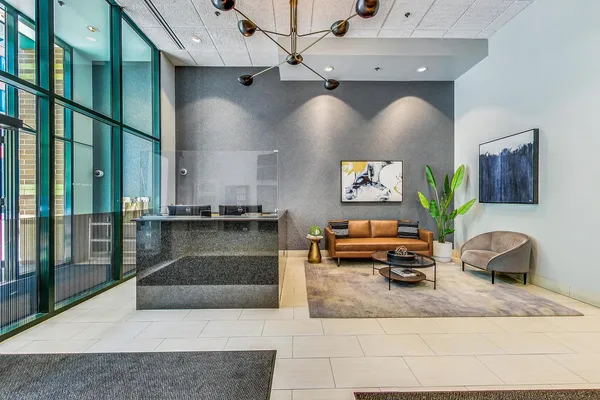 a living room with furniture and a potted plant