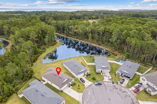 an aerial view of a swimming pool
