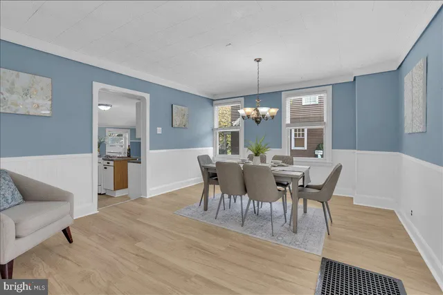 a view of a dining room with furniture