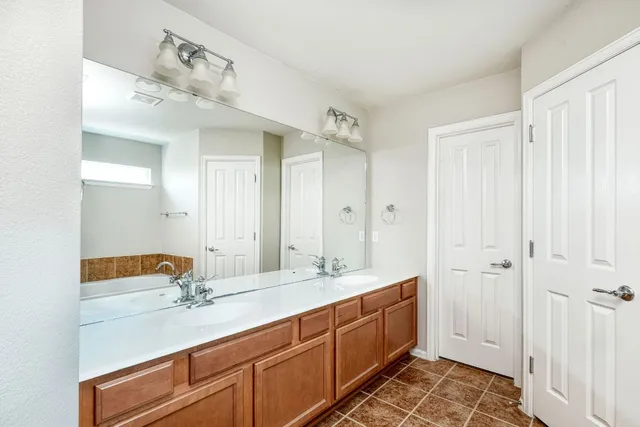 a bathroom with a double vanity sink and a mirror