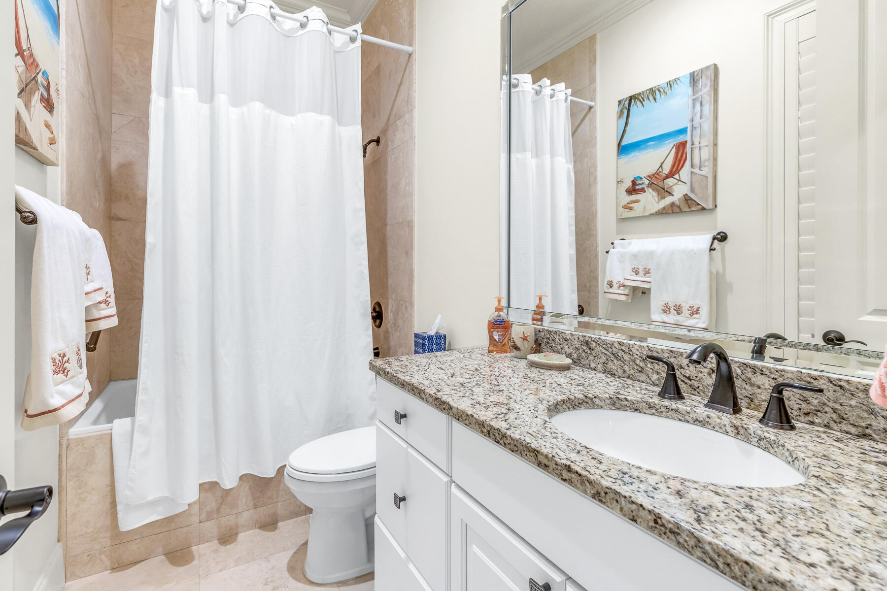 3435 Burnt Pine Lane Miramar Beach, FL 32550 - Photo 43 of 63 a bathroom with a granite countertop sink a toilet and a mirror
