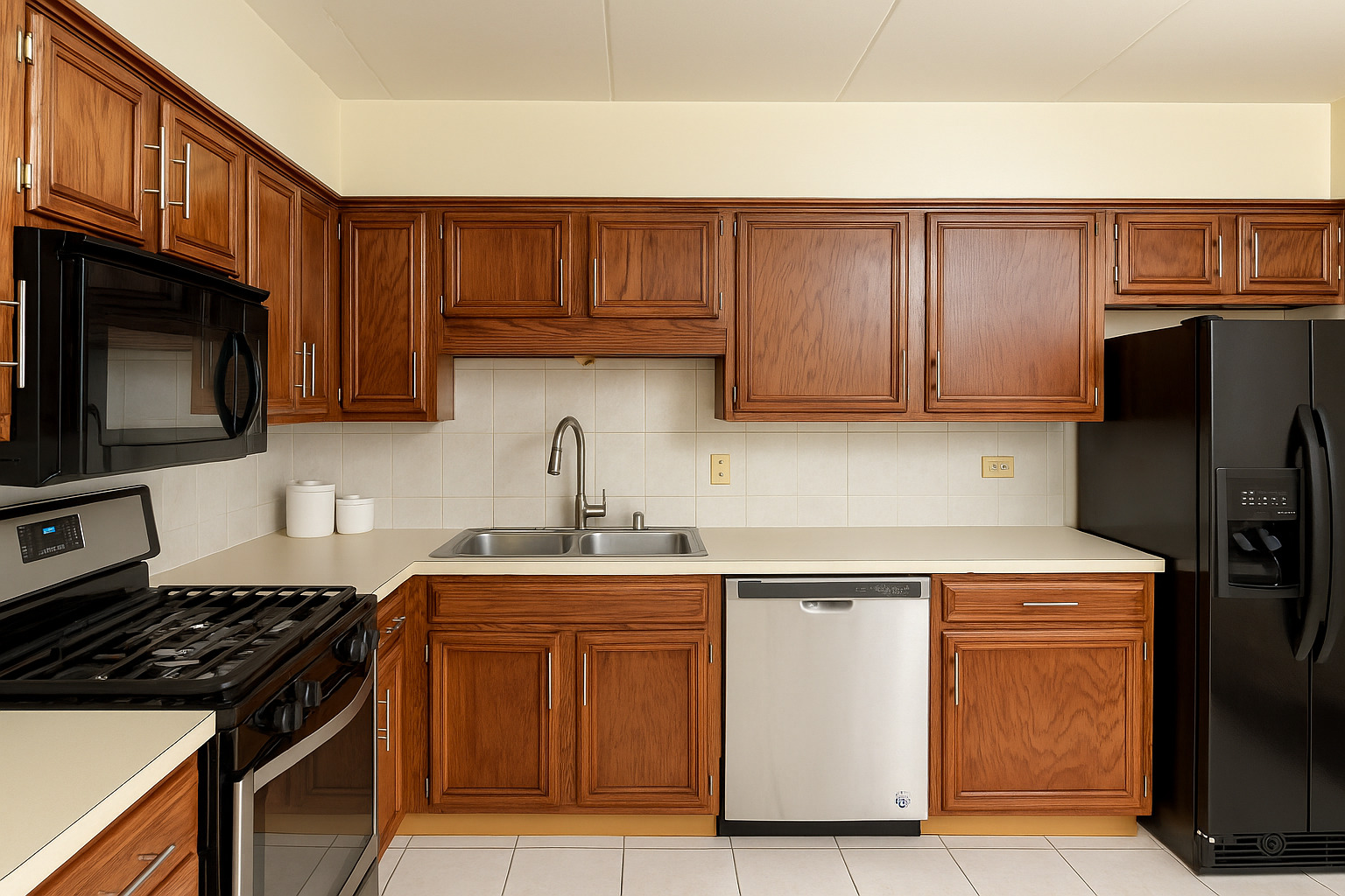 9250 Beloit Avenue, Unit 104 Bridgeview, IL 60455 - Photo 3 of 14 a kitchen with stainless steel appliances granite countertop a stove top oven a sink dishwasher and a refrigerator with wooden cabinets