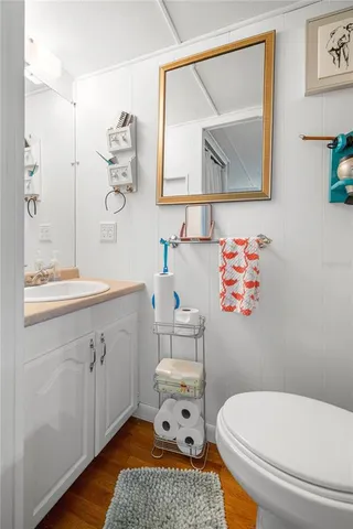 a bathroom with a sink mirror and toilet