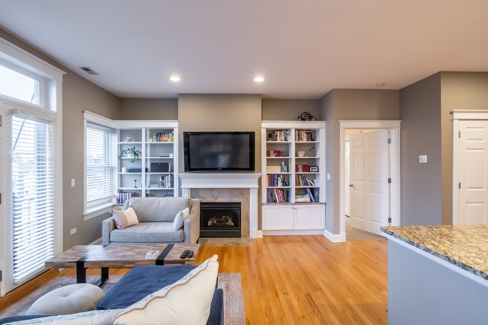 3755 North Racine Avenue, Unit 4E Chicago, IL 60613 - Photo 3 of 29 a living room with furniture flat screen tv and a fireplace