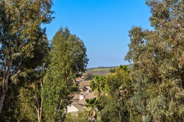 a backyard of a building with large trees