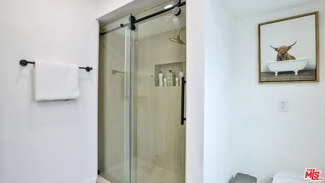a bathroom with a shower and a sink