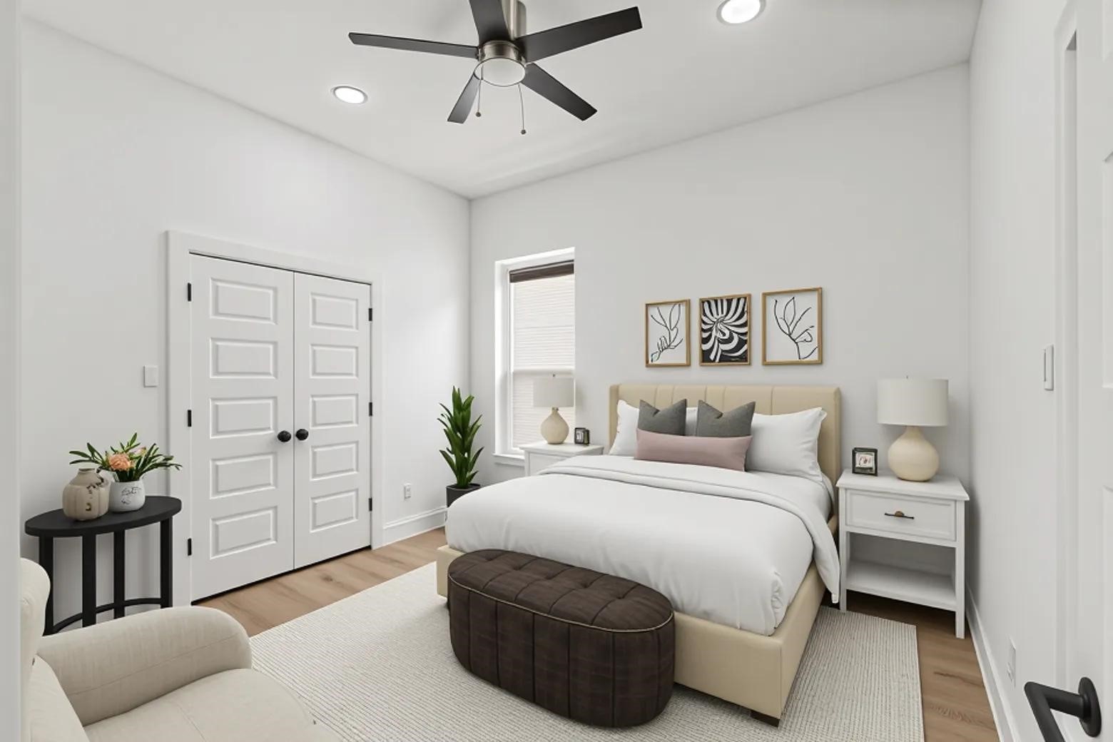 7321 Laura Koppe Road Houston, TX 77028 - Photo 25 of 35 Bright and airy bedroom featuring sleek wood floors, a modern ceiling fan, and a spacious double door closet.