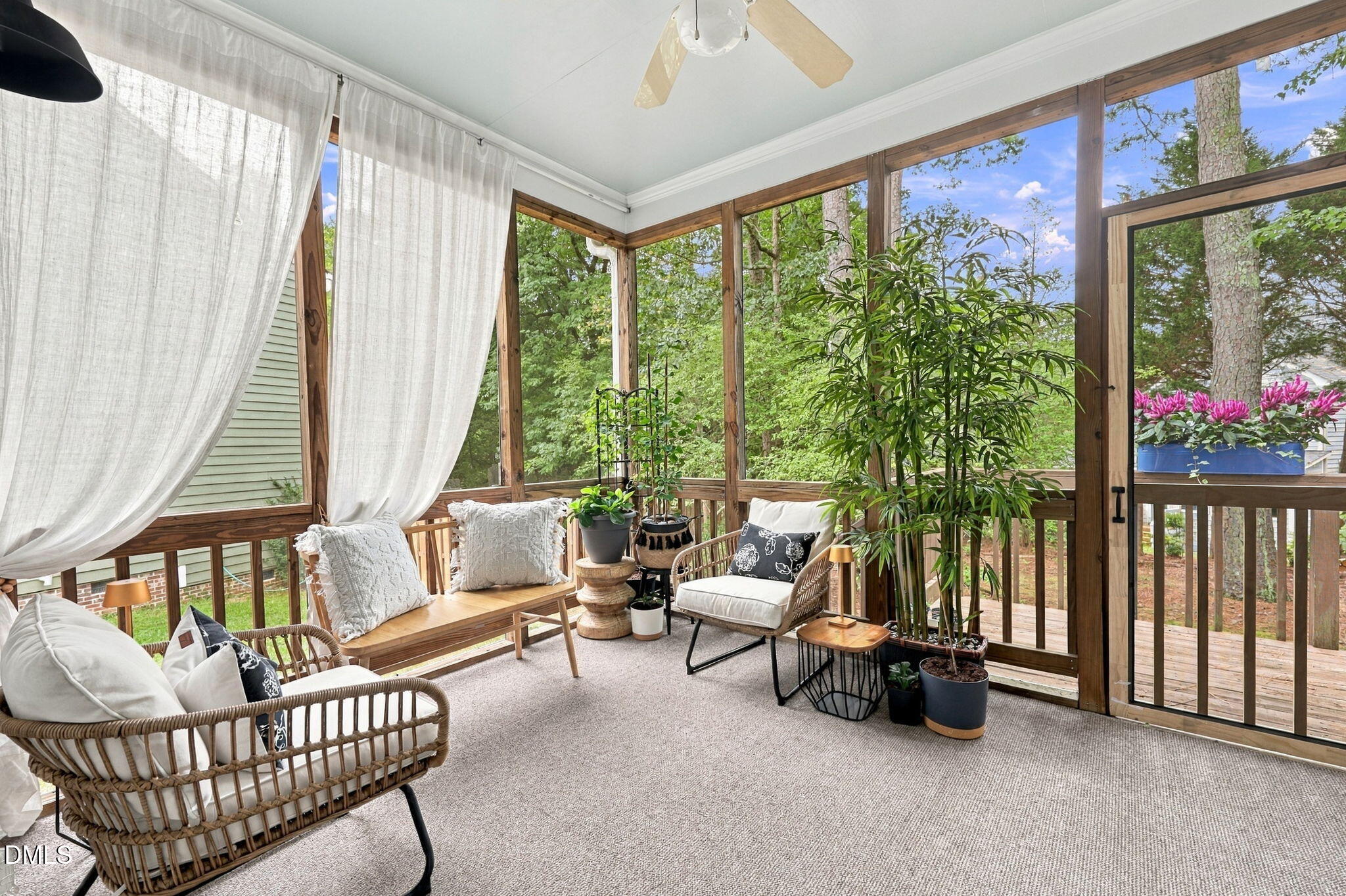6 Sydenham Road Durham, NC 27713 - Photo 19 of 44 Screened porch with wood-frame construction, ceiling fan, and carpeted flooring
