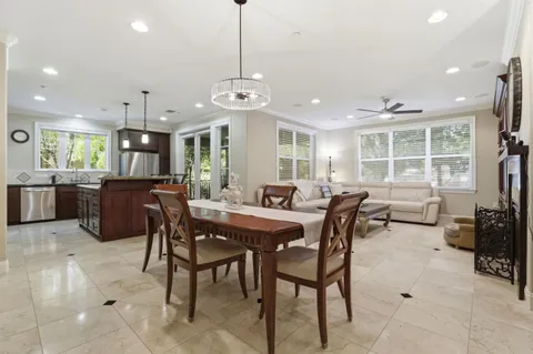 a view of a dining room and livingroom with furniture a rug a potted plant and a chandelier