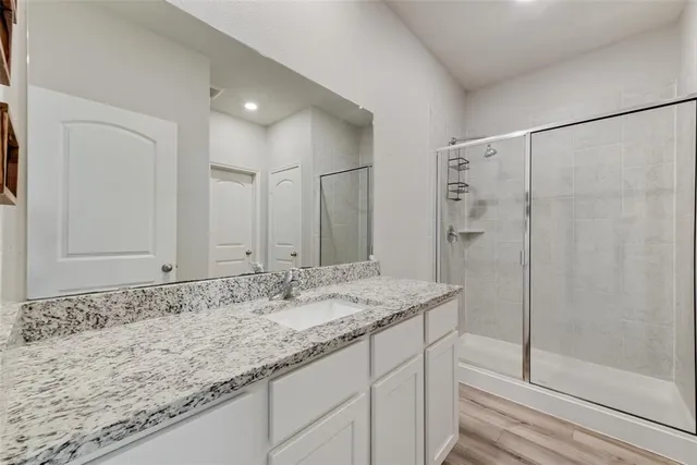 a bathroom with a granite countertop sink and shower
