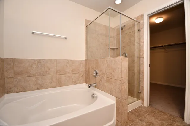 a bathroom with a bathtub and a shower