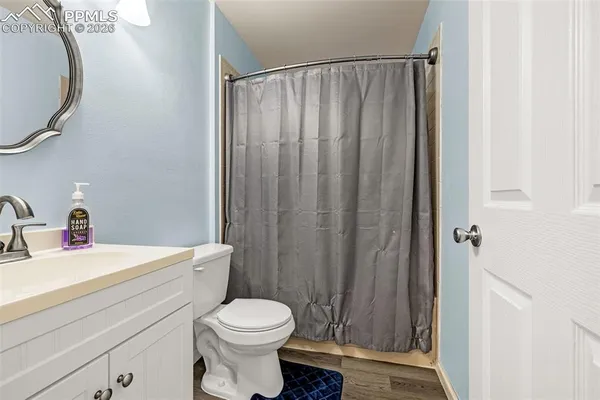 a bathroom with a sink a toilet and shower curtain