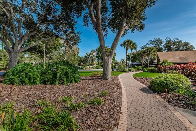 a view of a lake with a big yard and potted plants