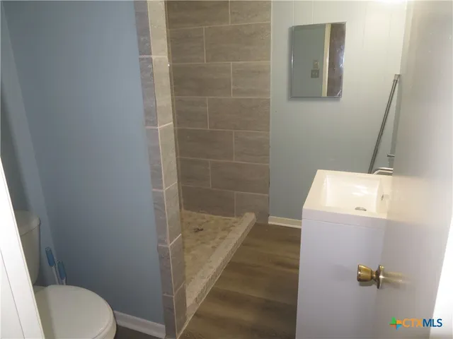 a bathroom with a granite countertop sink