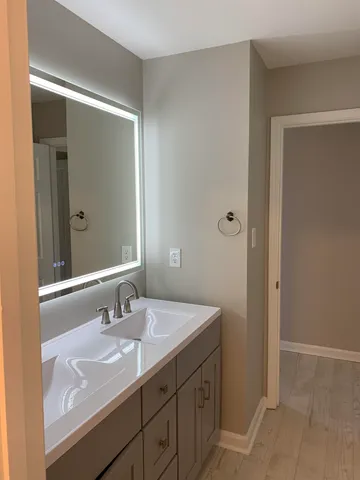 a bathroom with a sink and a mirror