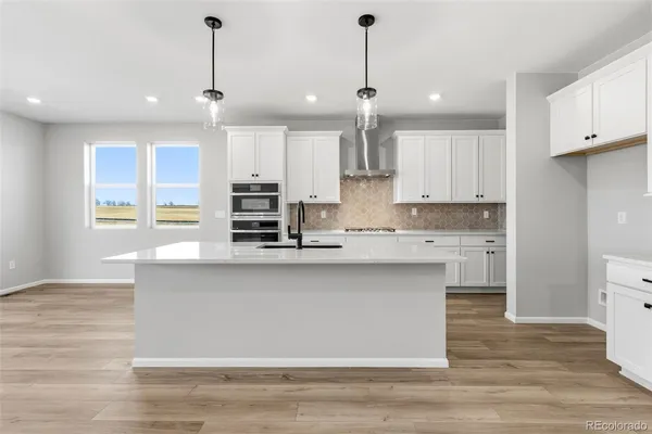 a large kitchen with stainless steel appliances kitchen island a large counter top a sink cabinets and a wooden floor