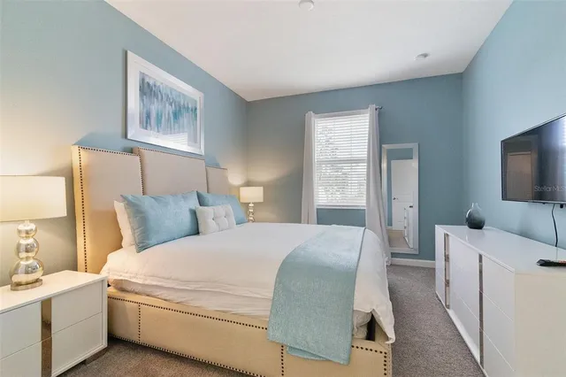 a bedroom with a bed and a flat screen tv