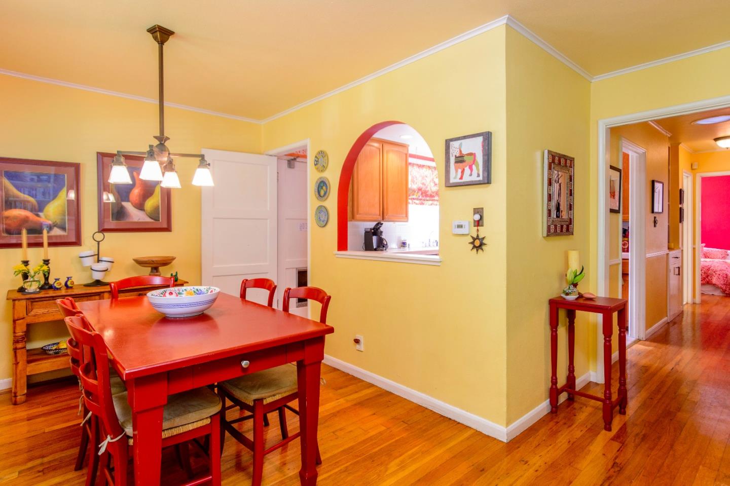 1059 Ringwood Avenue Menlo Park, CA 94025 - Photo 7 of 13 a view of a dining room with furniture a chandelier and wooden floor