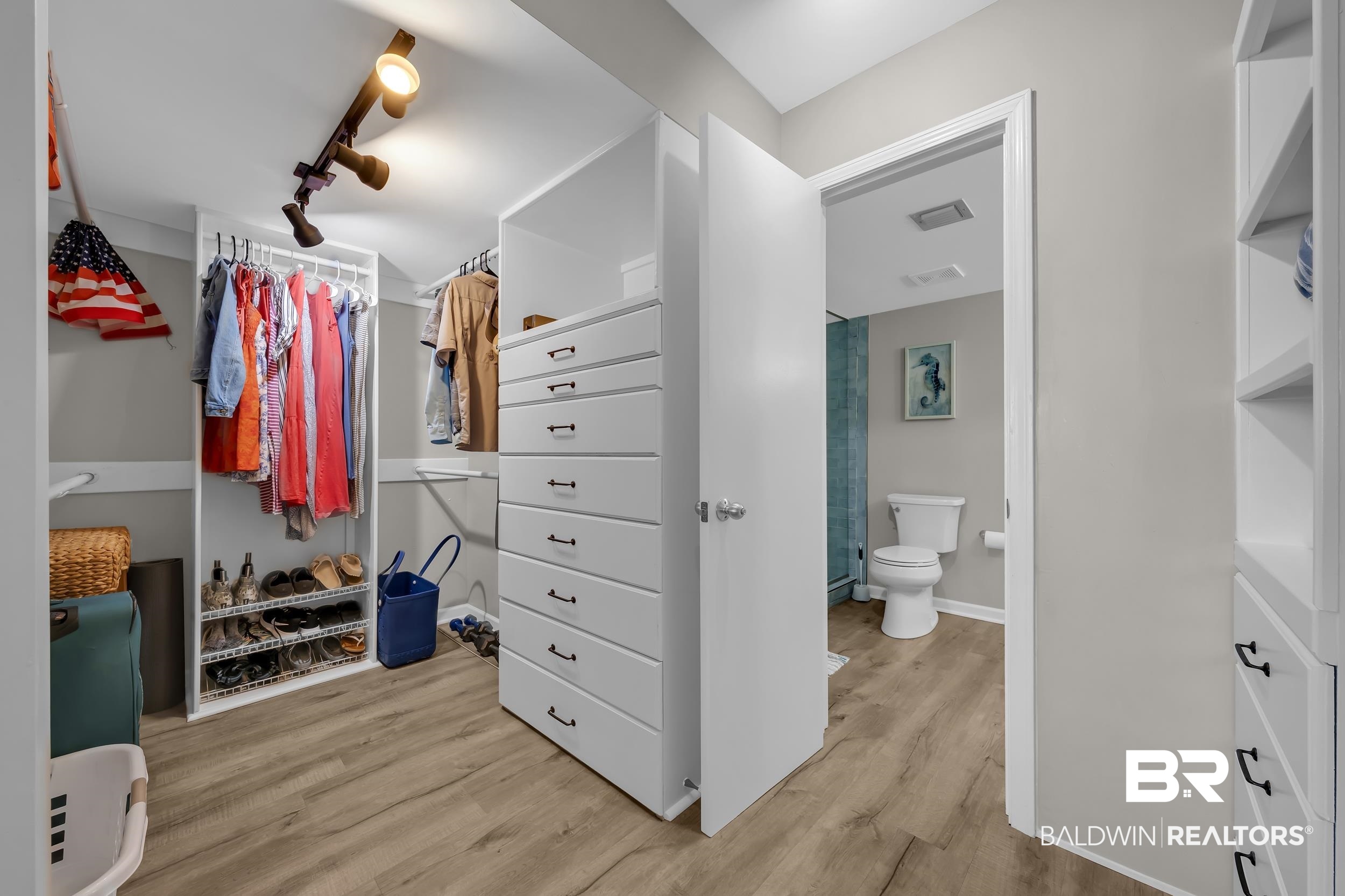 14100 River Road, Unit 211 Pensacola, FL 32507 - Photo 26 of 56 Custom closet system featuring built-in drawers with dark hardware, shelving units, and a track lighting fixture