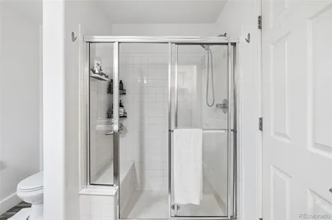 a bathroom with a shower and toilet